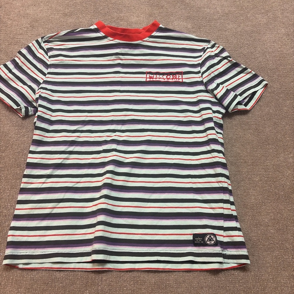Welcome Skateboards Striped T Shirt Red Collar Graphic Medium Streetwear 0751